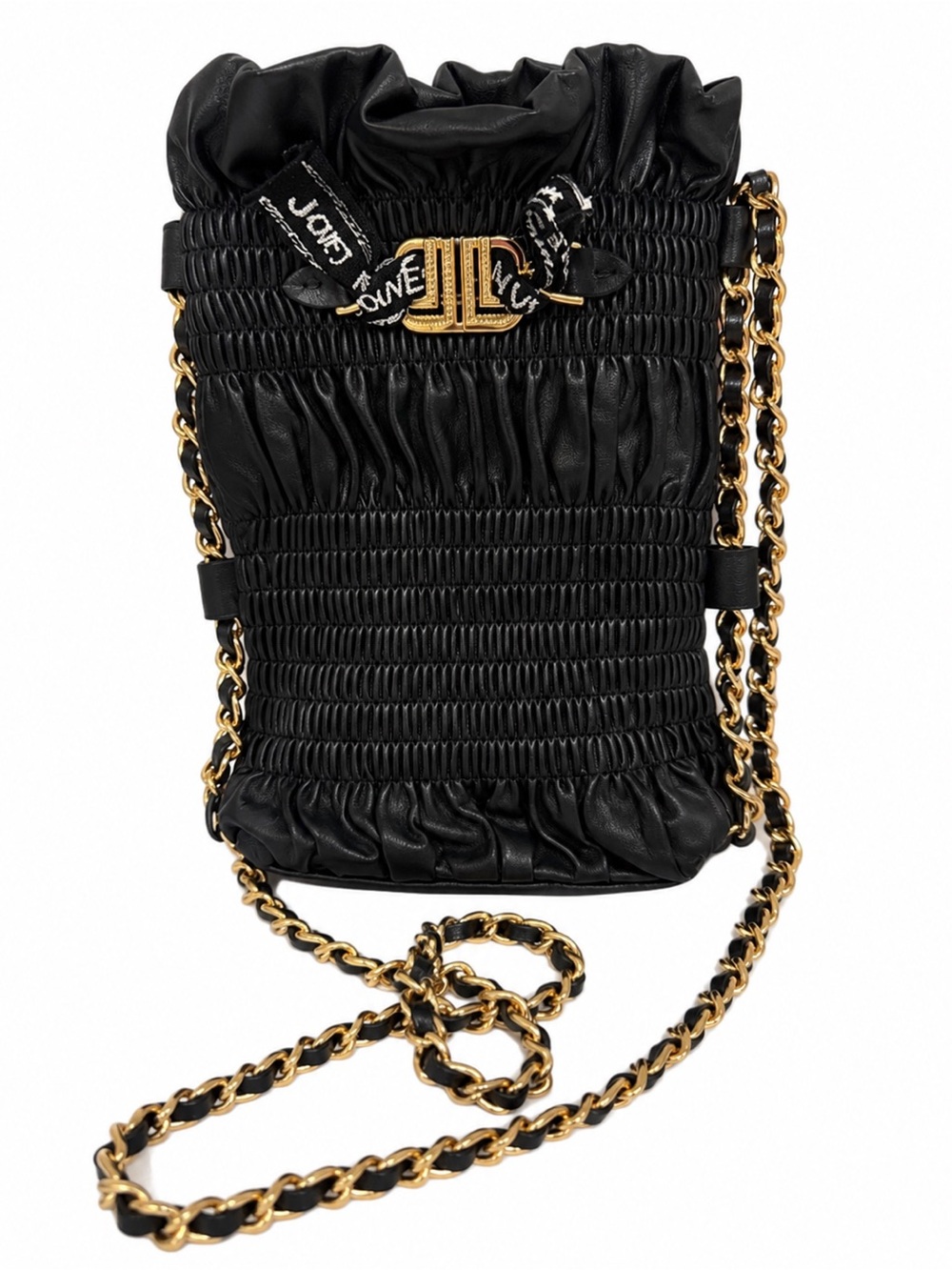 Lanvin Black Ruched Leather Chain Crossbody Bag Gold Logo Mini Bucket Purse